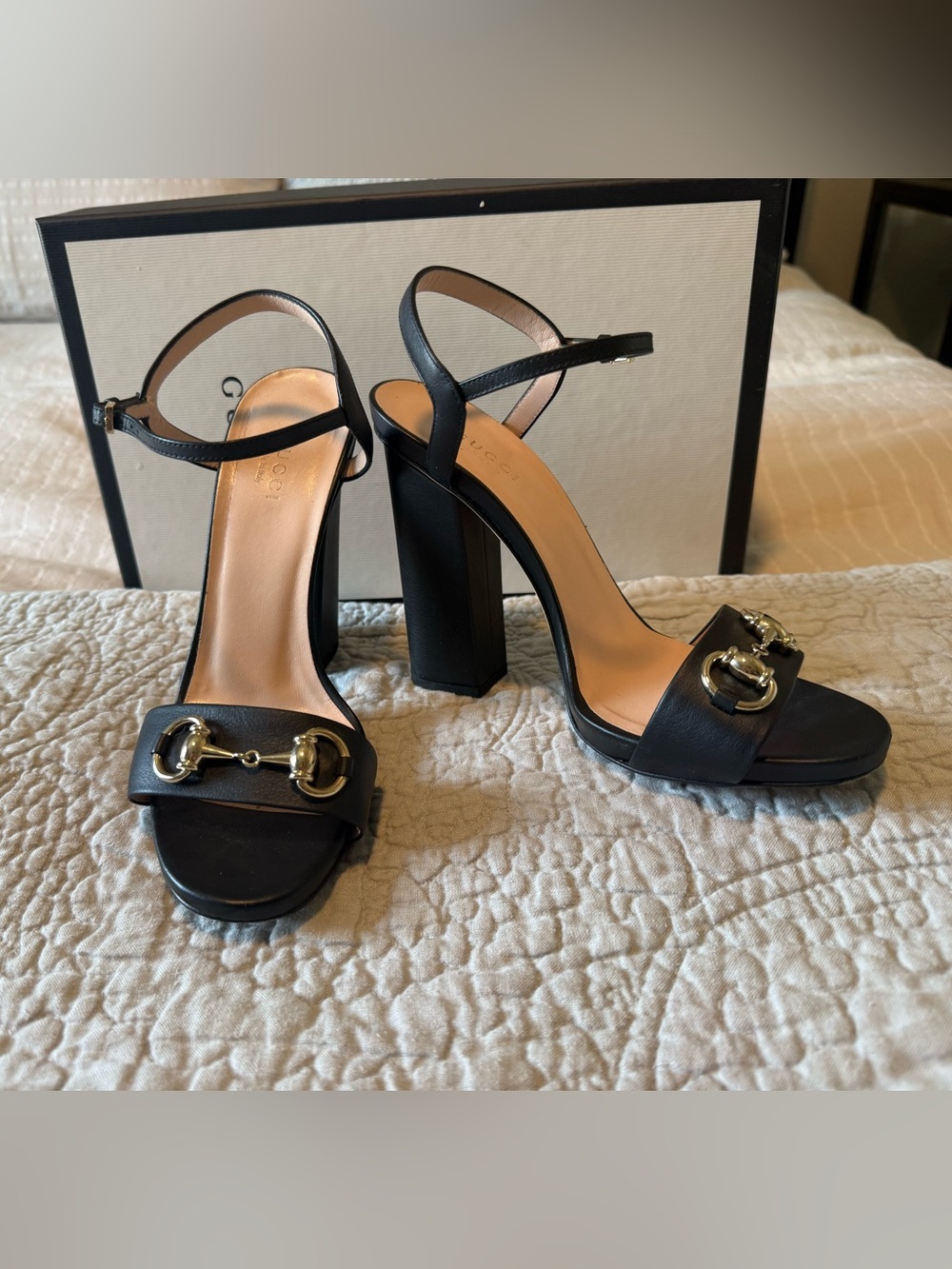 Gucci Black Leather Block Heel Sandals with Gold Horsebit